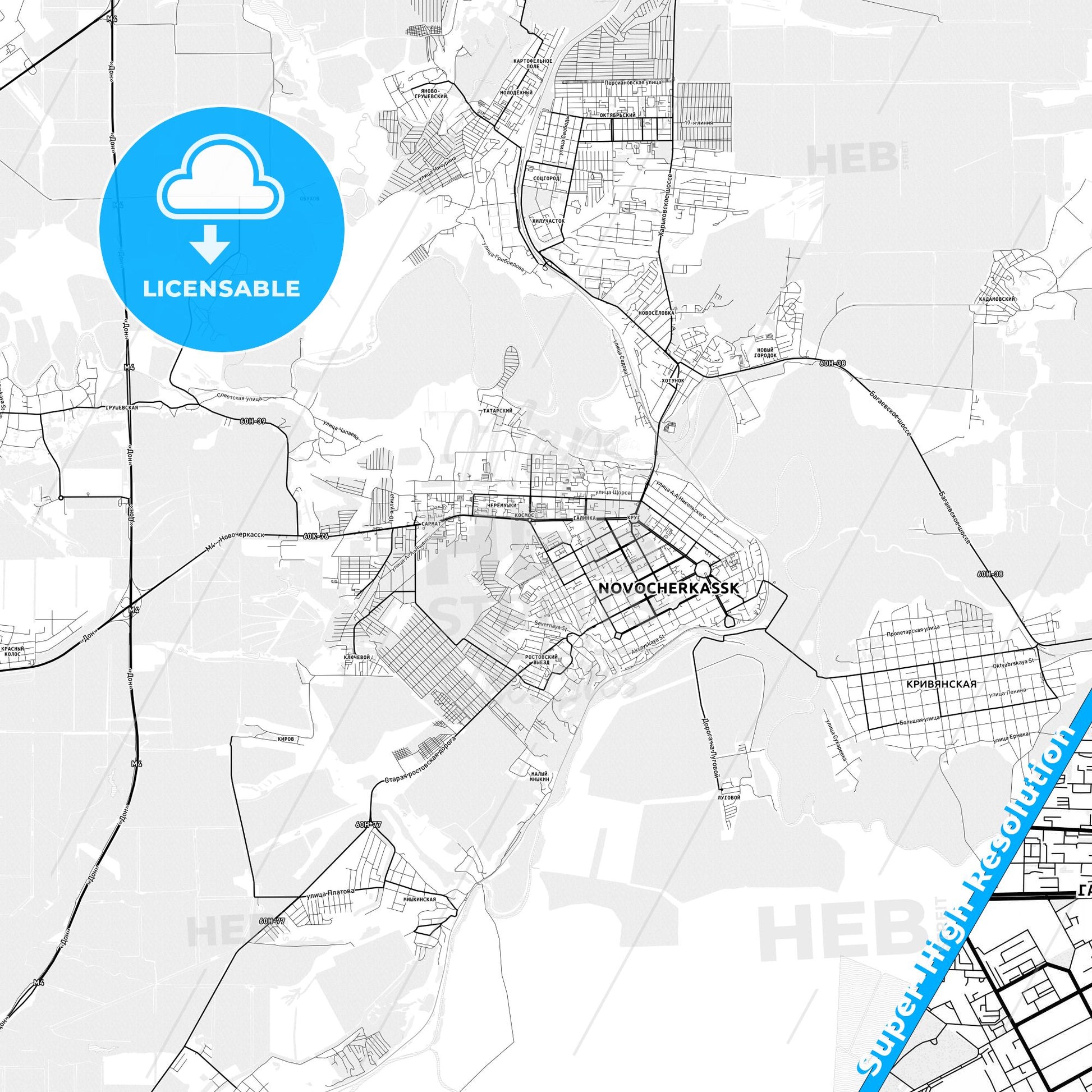 Novocherkassk, Russia light map with streetnames, citynames and districts