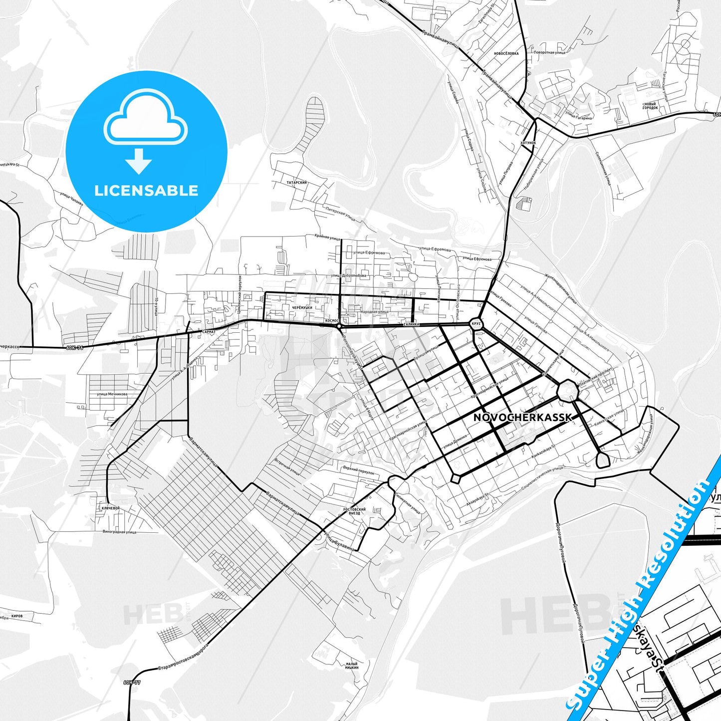 Novocherkassk, Russia Light Map with Street Names, City Names, and Districts