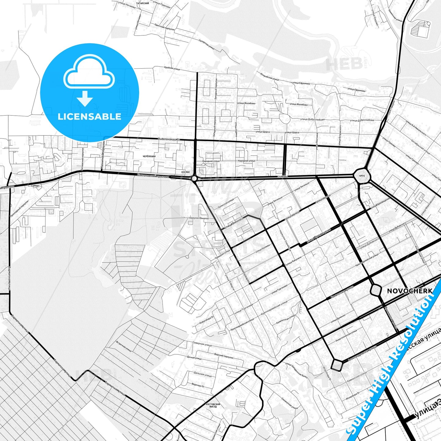 Novocherkassk, Russia Light Map with Street Names, City Names, and Districts