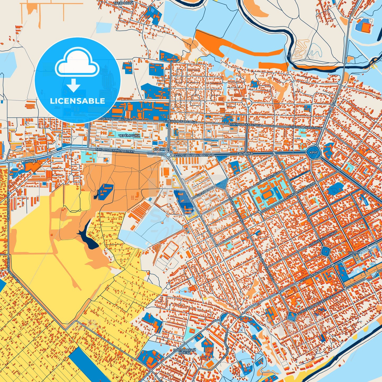 Colorful Novocherkassk Street Map with Labels and Buildings