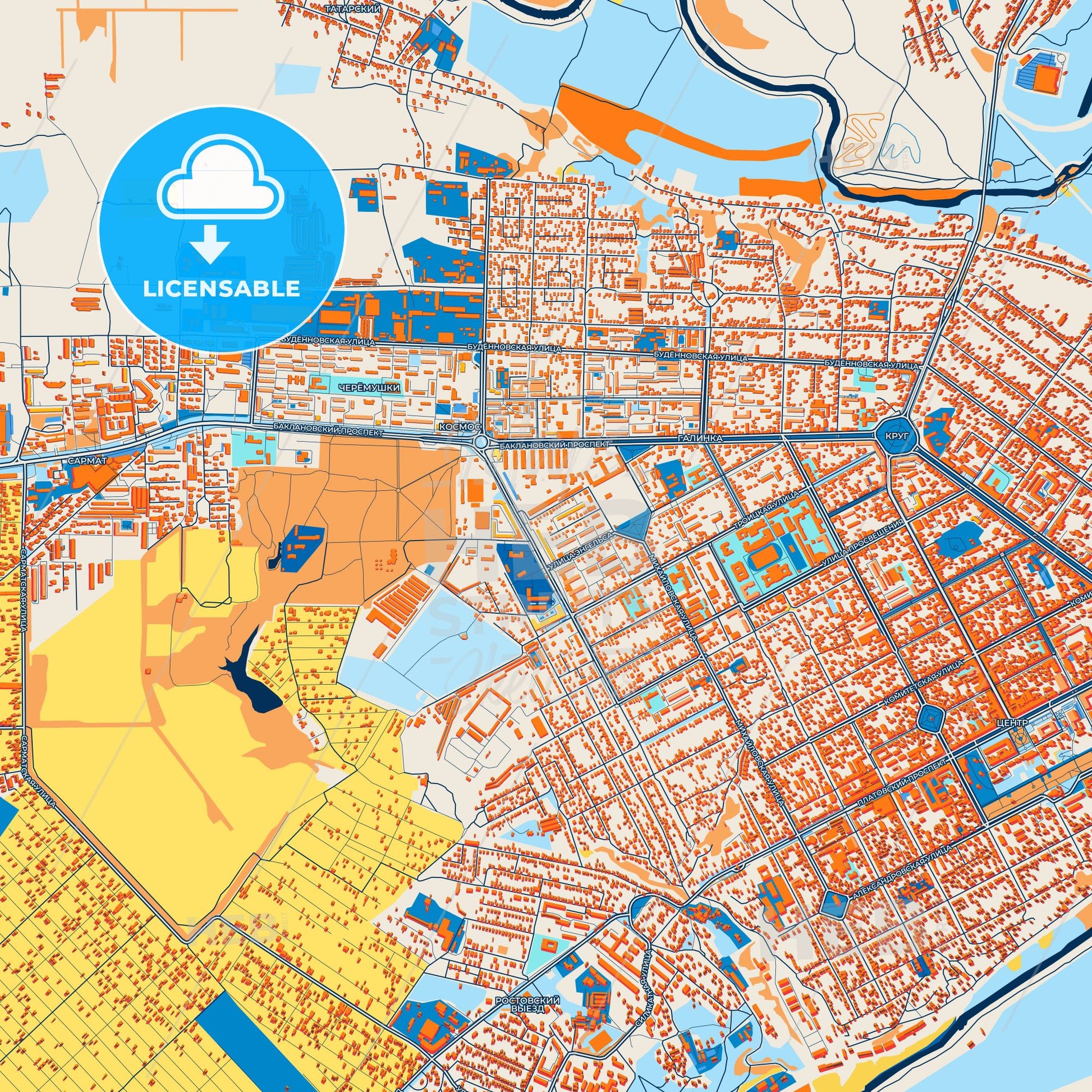 Colorful Novocherkassk Street Map with Labels and Buildings
