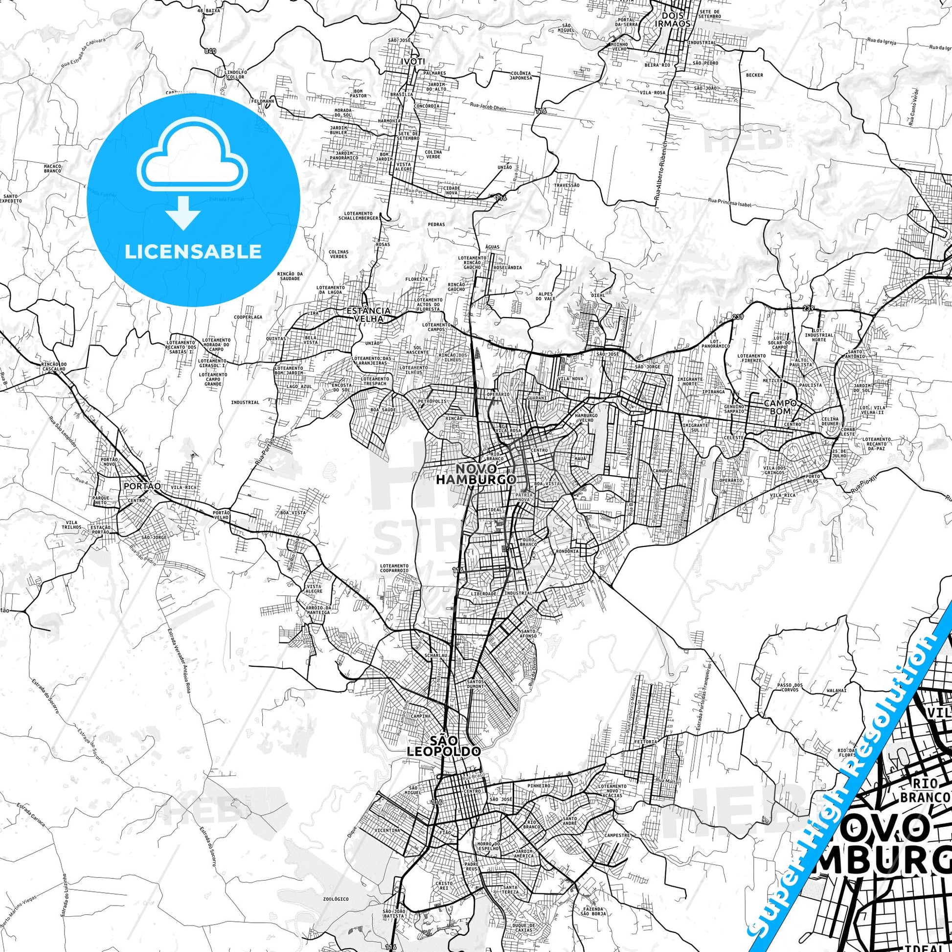 Novo Hamburgo, Brazil light map with streetnames, citynames and districts
