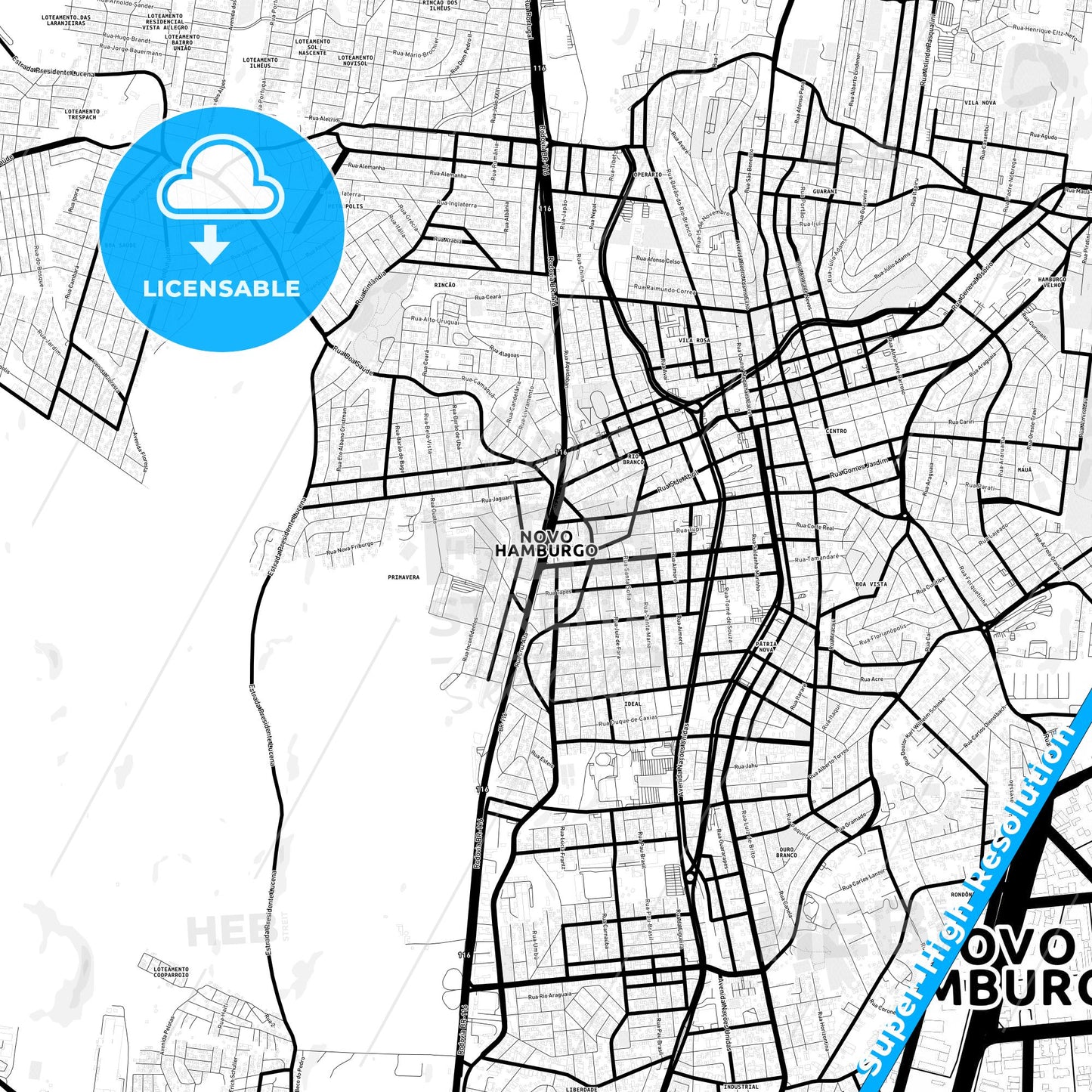Novo Hamburgo, Brazil Light Map with Street Names, City Names, and Districts