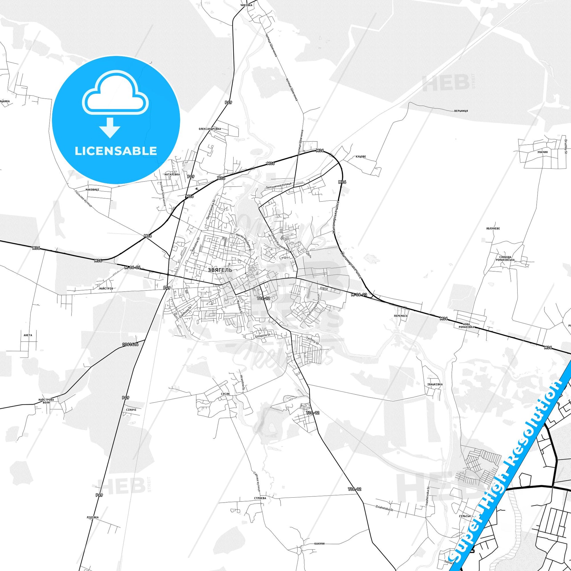 Novohrad-Volynskyi, Ukraine light map with streetnames, citynames and districts