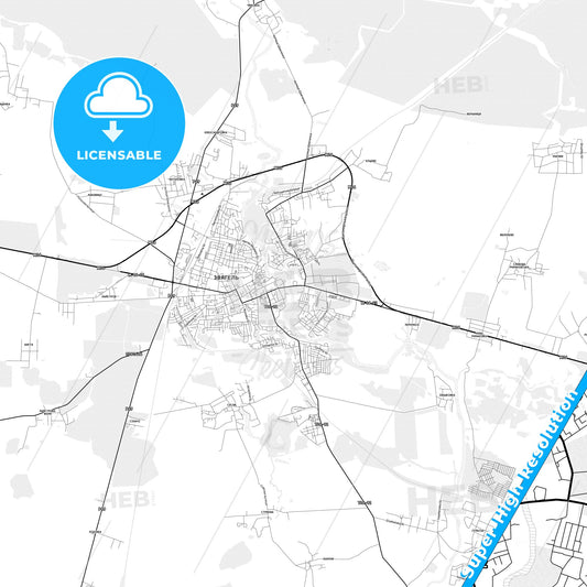 Novohrad-Volynskyi, Ukraine light map with streetnames, citynames and districts