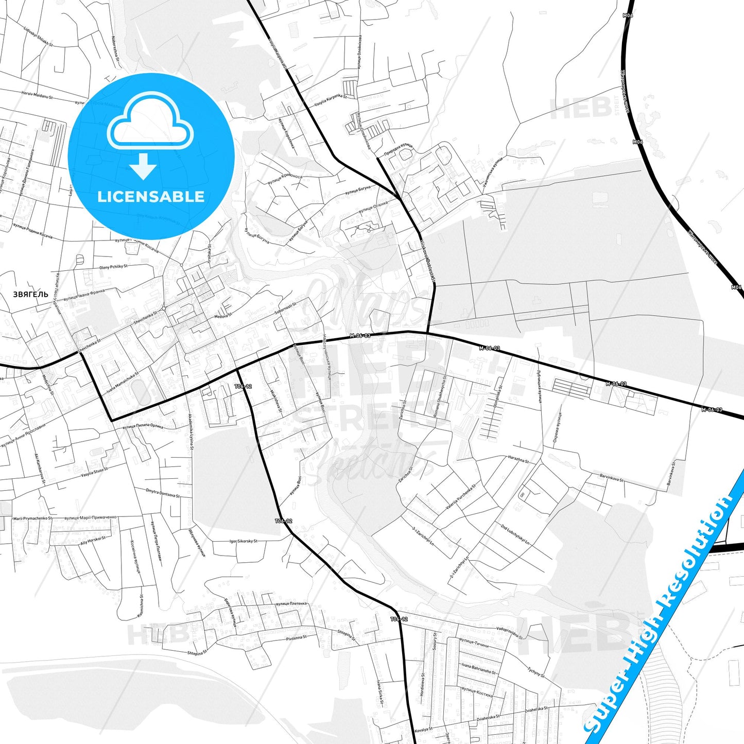 Novohrad-Volynskyi, Ukraine Light Map with Street Names, City Names, and Districts