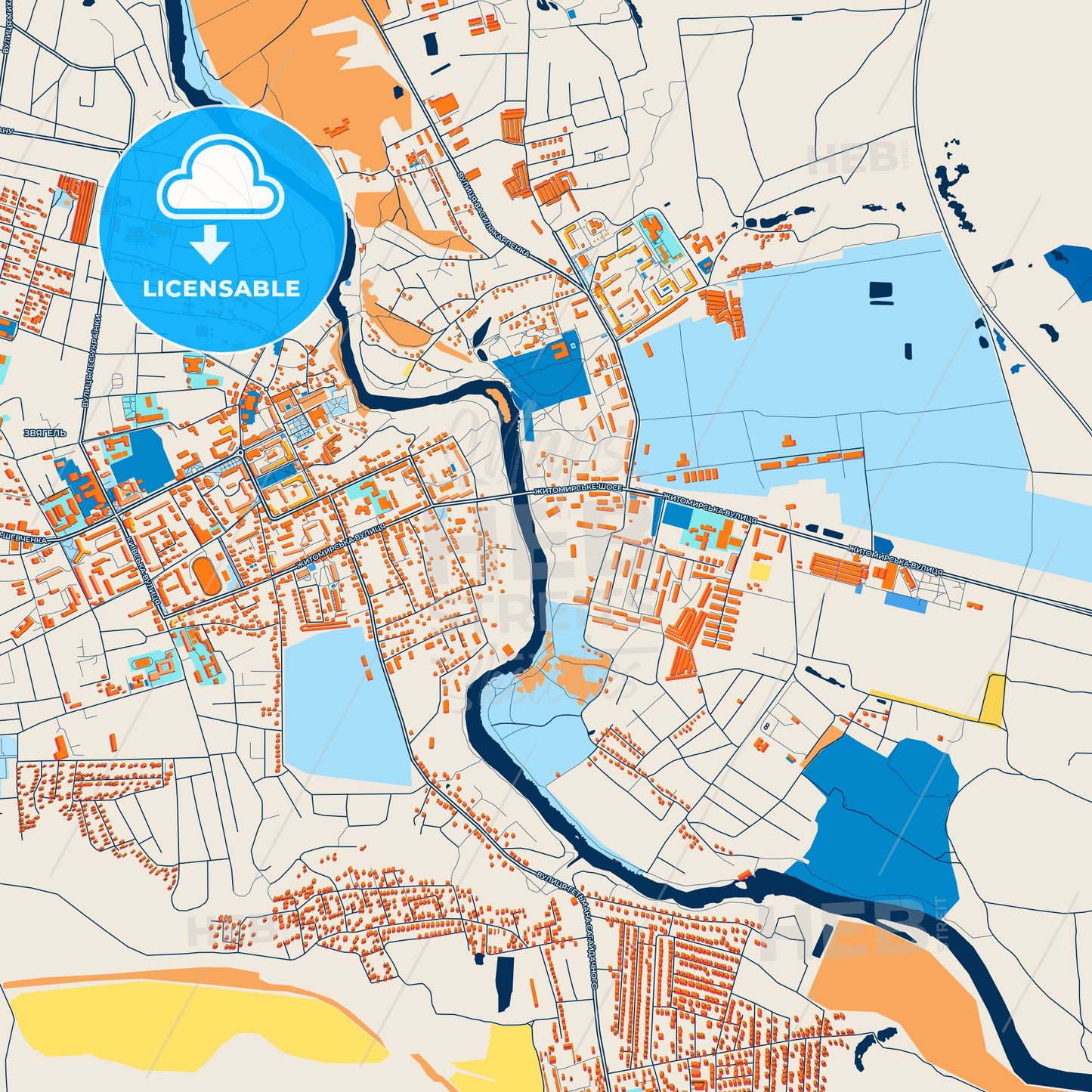 Colorful Novohrad-Volynskyi Street Map with Labels and Buildings