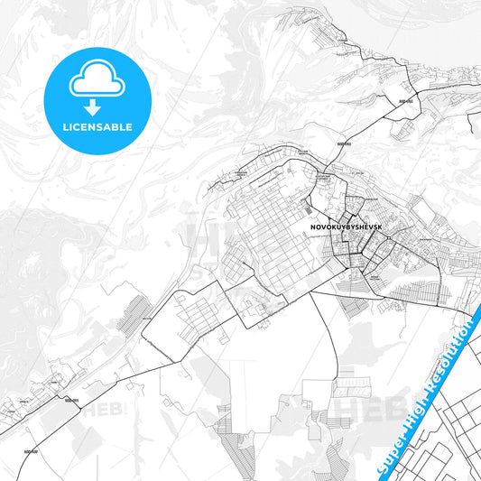 Novokuybyshevsk, Russia light map with streetnames, citynames and districts