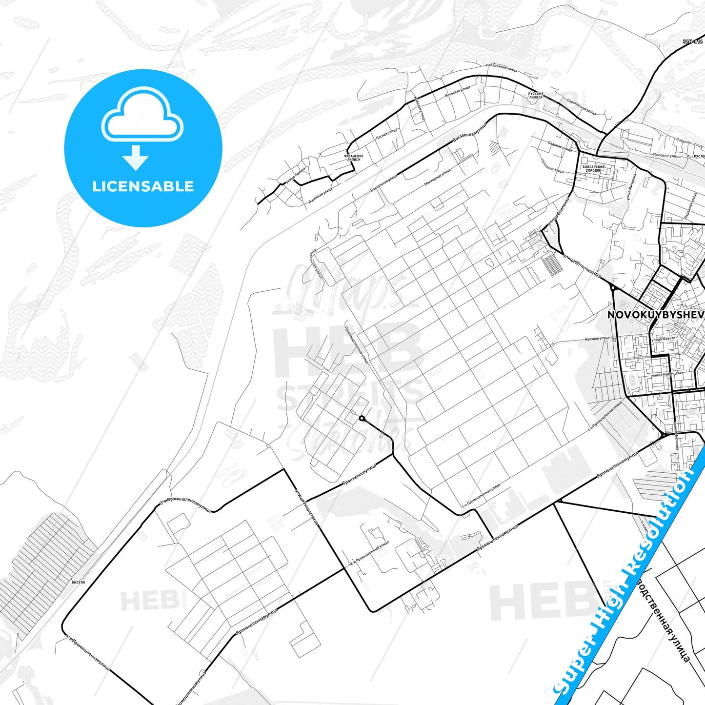 Novokuybyshevsk, Russia Light Map with Street Names, City Names, and Districts