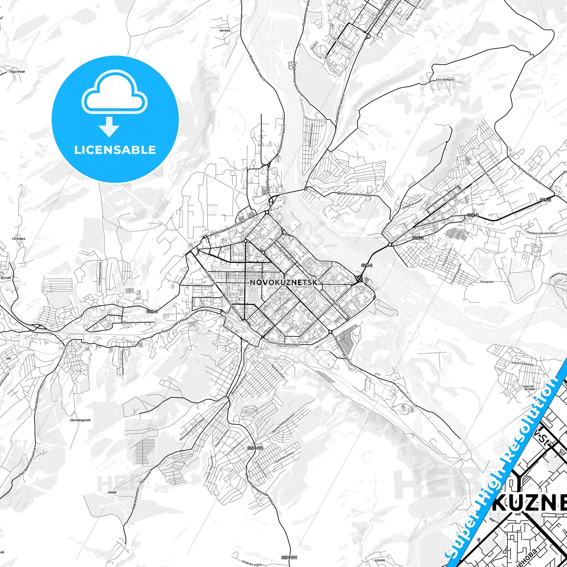 Novokuznetsk, Russia light map with streetnames, citynames and districts