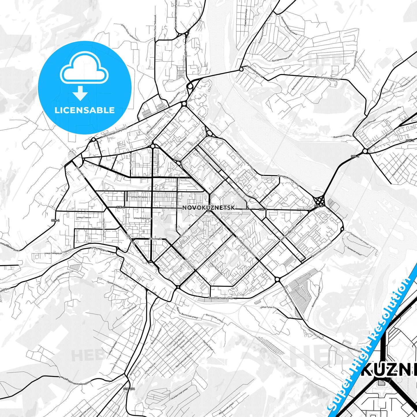 Novokuznetsk, Russia Light Map with Street Names, City Names, and Districts