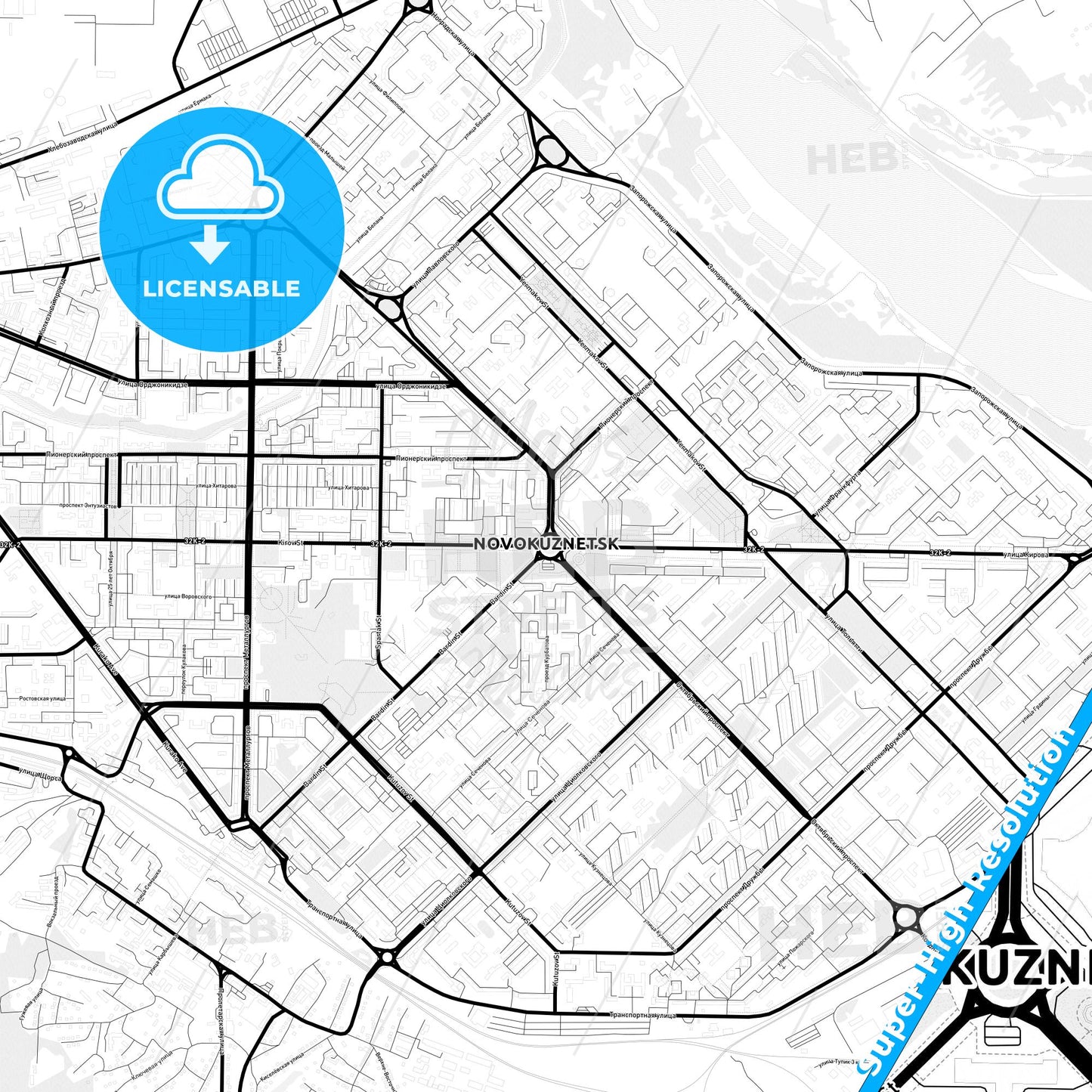 Novokuznetsk, Russia Light Map with Street Names, City Names, and Districts