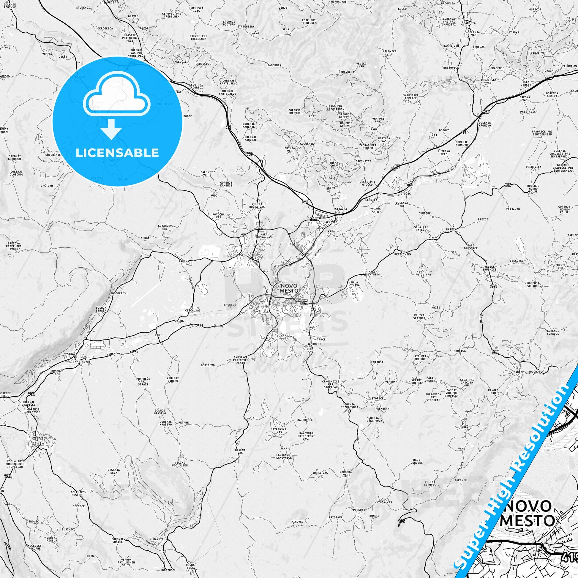 Novo Mesto, Slovenia light map with streetnames, citynames and districts