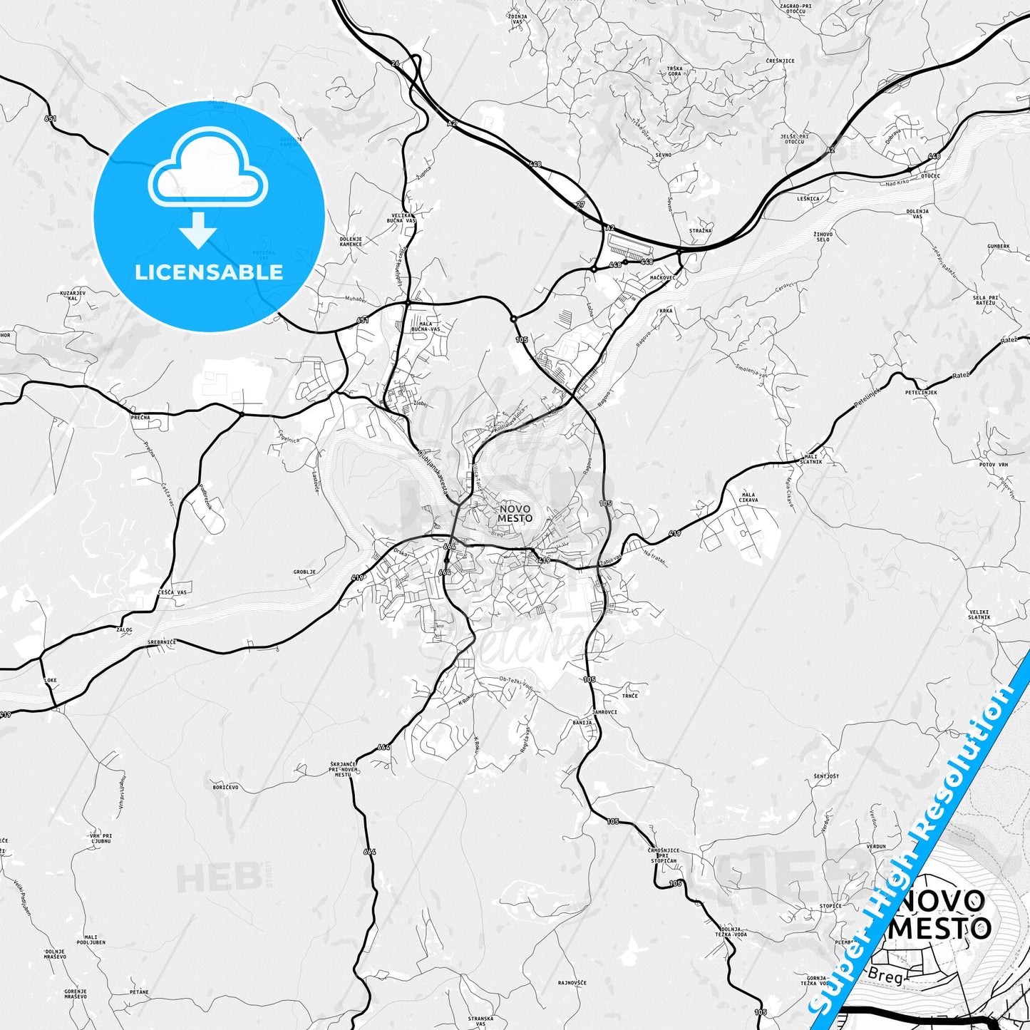 Novo Mesto, Slovenia Light Map with Street Names, City Names, and Districts