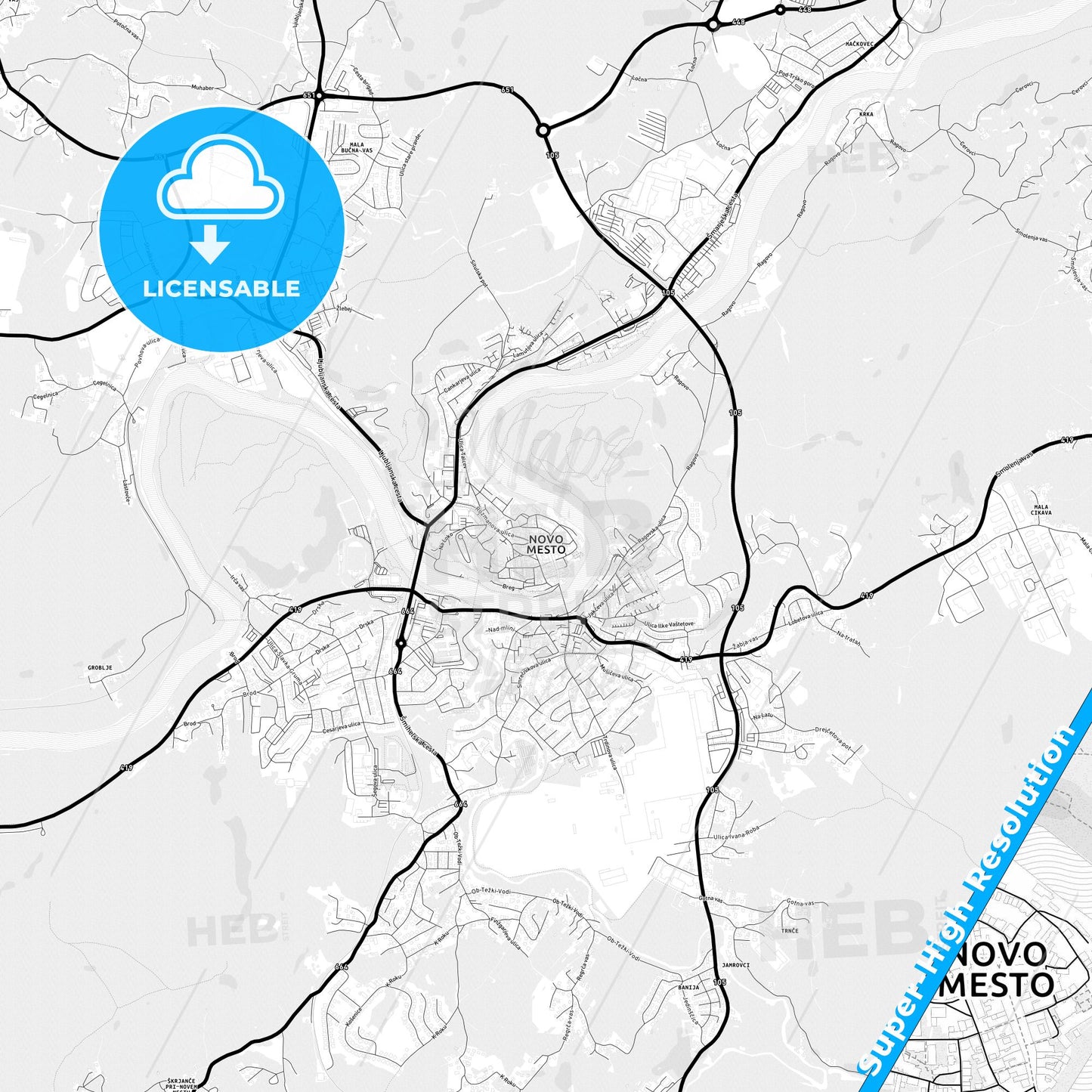Novo Mesto, Slovenia Light Map with Street Names, City Names, and Districts