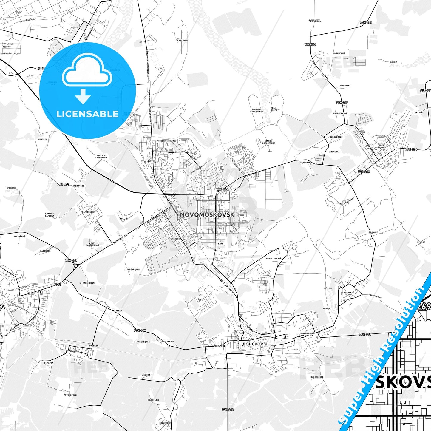 Novomoskovsk, Russia light map with streetnames, citynames and districts