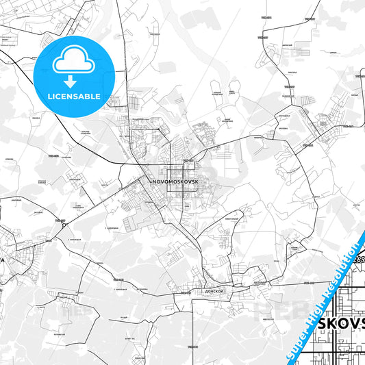 Novomoskovsk, Russia light map with streetnames, citynames and districts