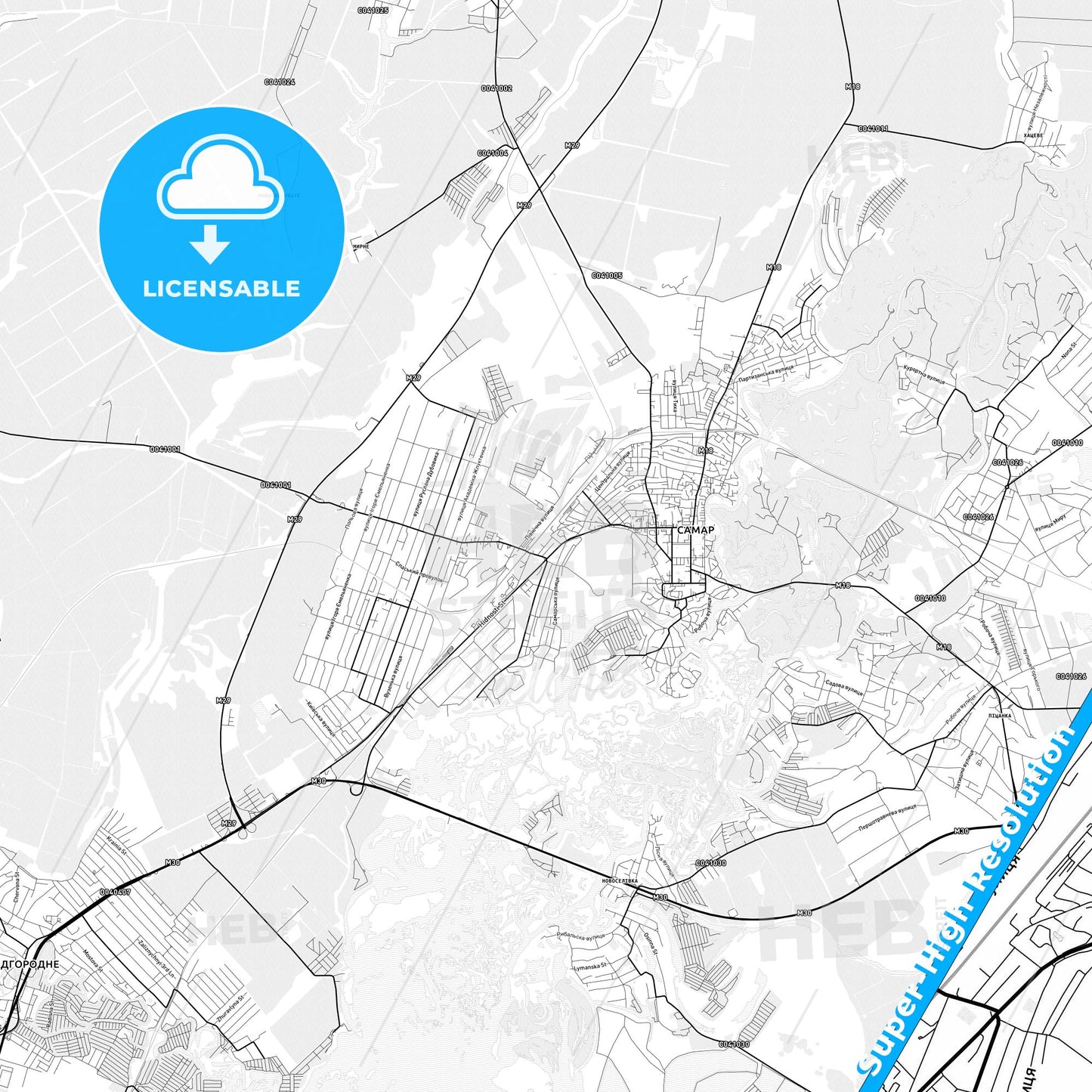 Novomoskovsk, Ukraine light map with streetnames, citynames and districts