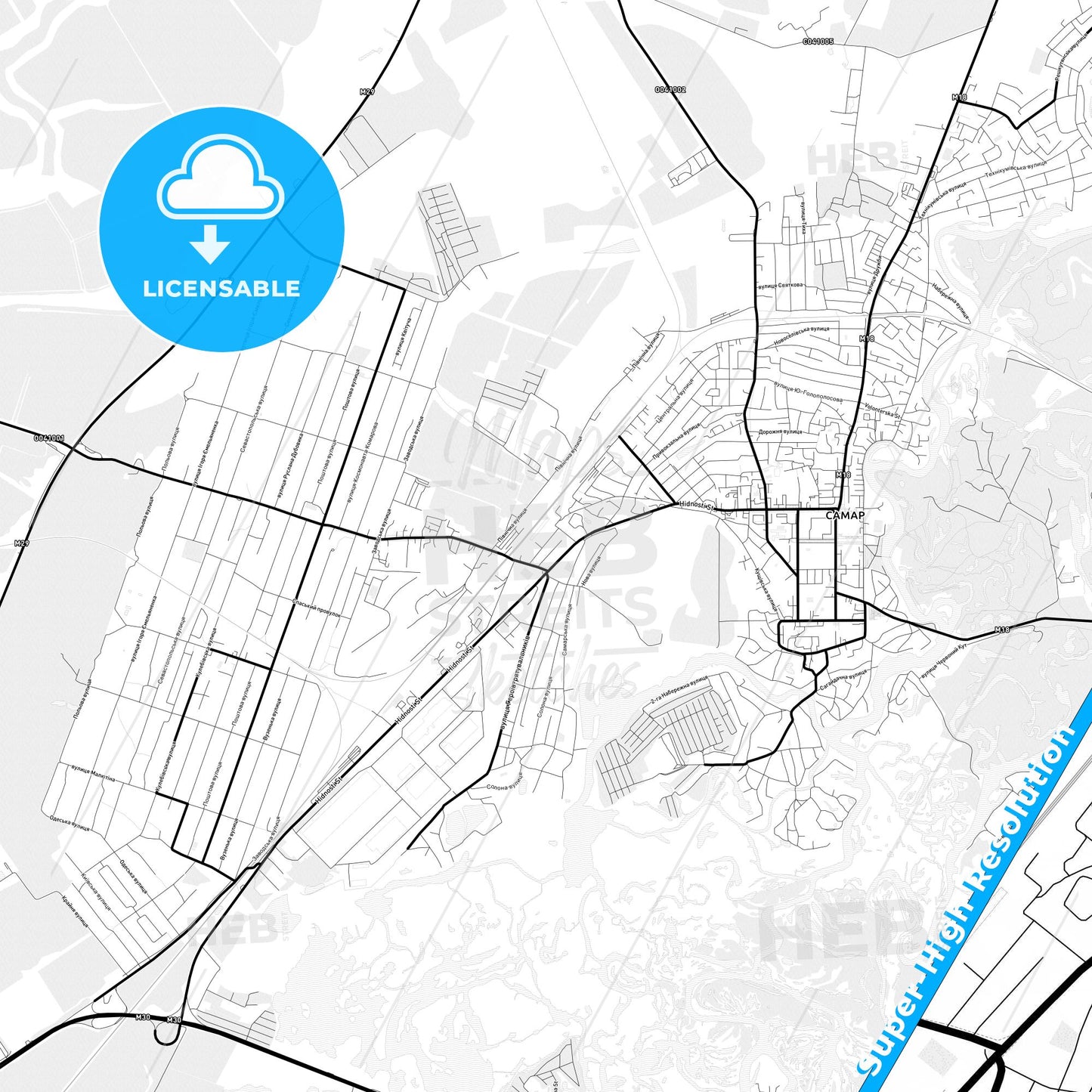 Novomoskovsk, Ukraine Light Map with Street Names, City Names, and Districts
