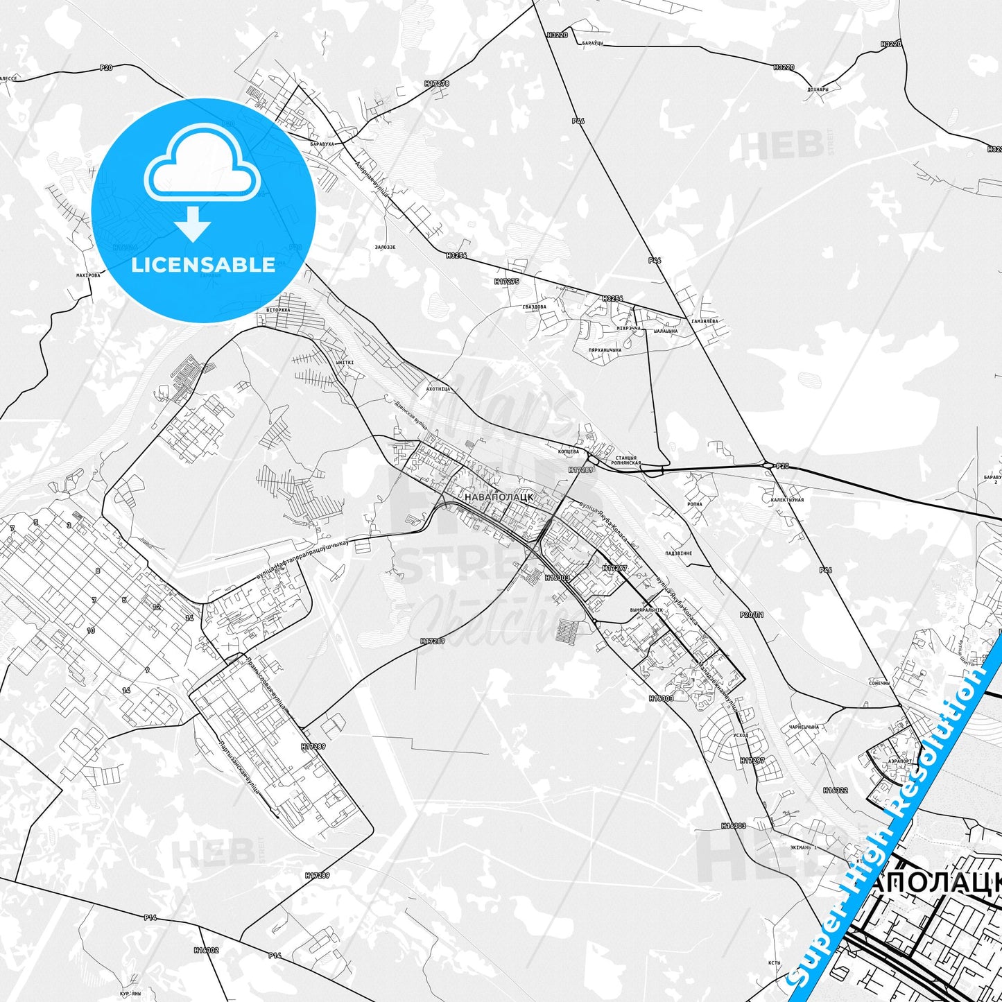 Novopolotsk, Belarus light map with streetnames, citynames and districts