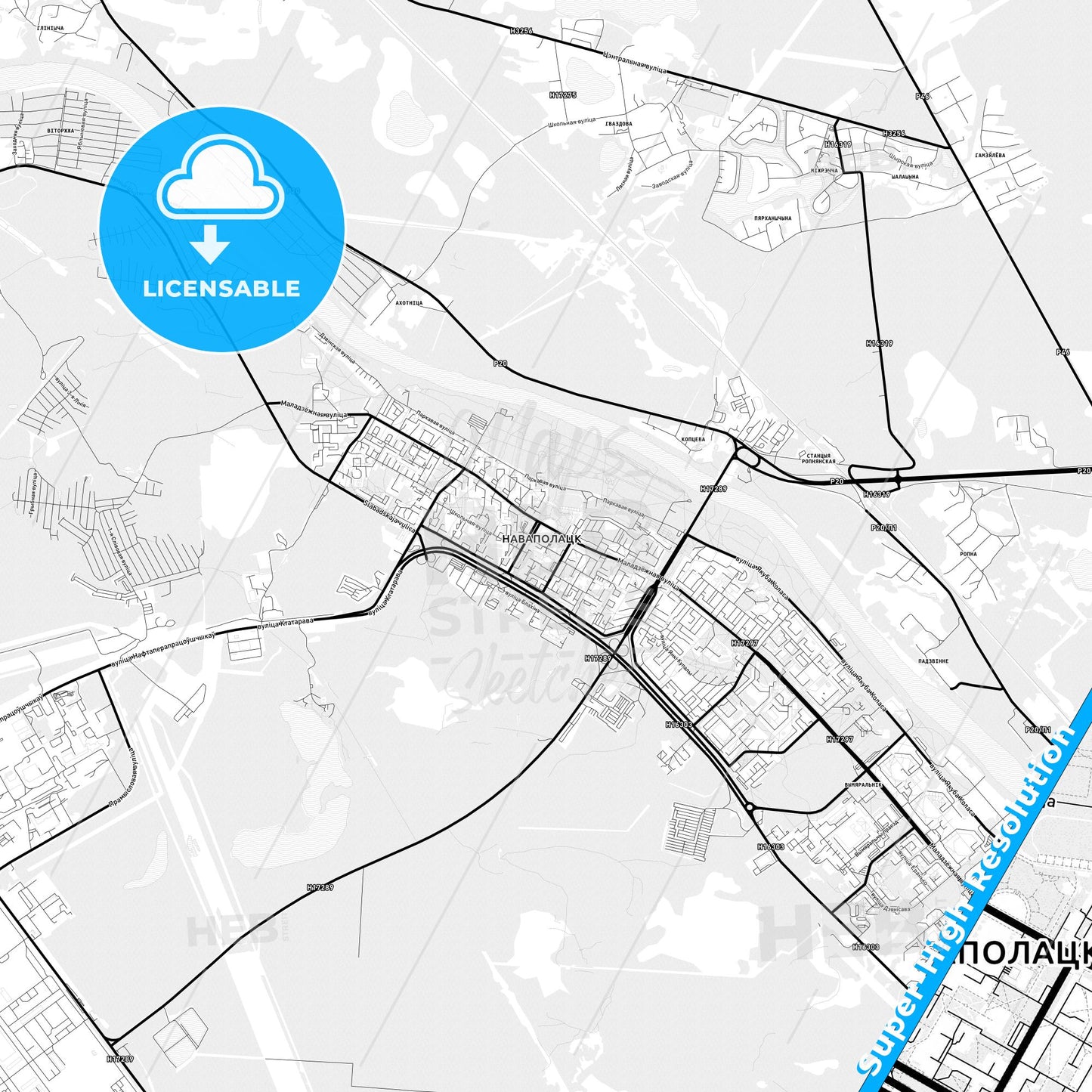 Novopolotsk, Belarus Light Map with Street Names, City Names, and Districts