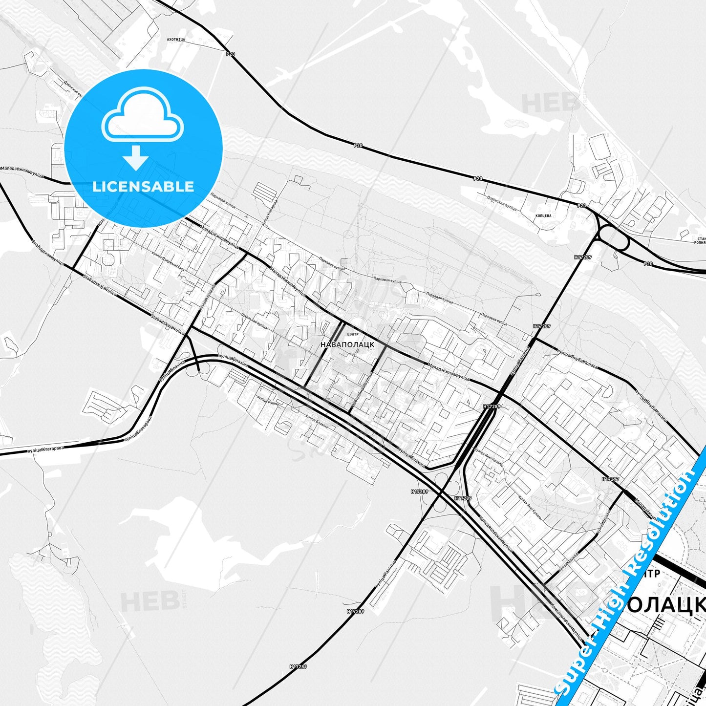 Novopolotsk, Belarus Light Map with Street Names, City Names, and Districts