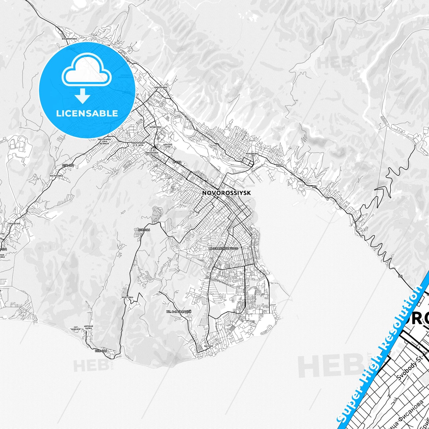 Novorossiysk, Russia light map with streetnames, citynames and districts
