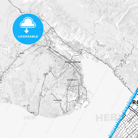 Novorossiysk, Russia light map with streetnames, citynames and districts