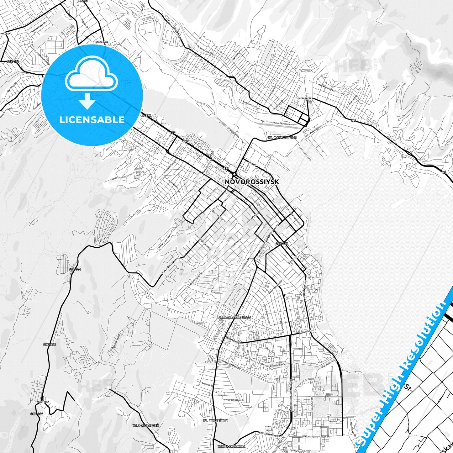 Novorossiysk, Russia Light Map with Street Names, City Names, and Districts