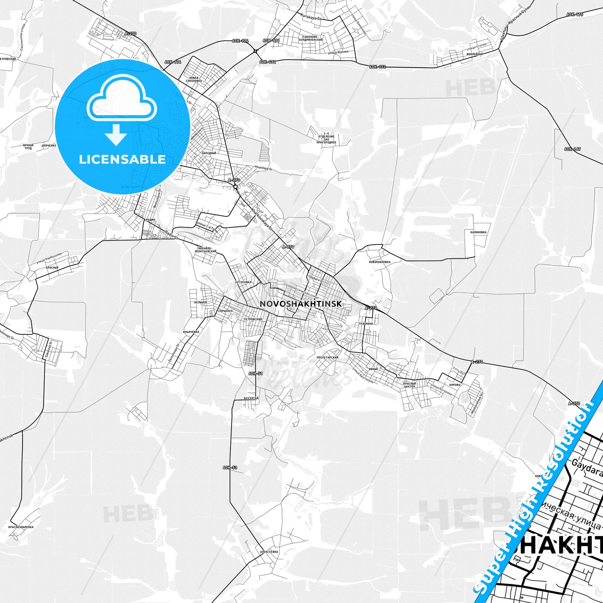 Novoshakhtinsk, Russia light map with streetnames, citynames and districts