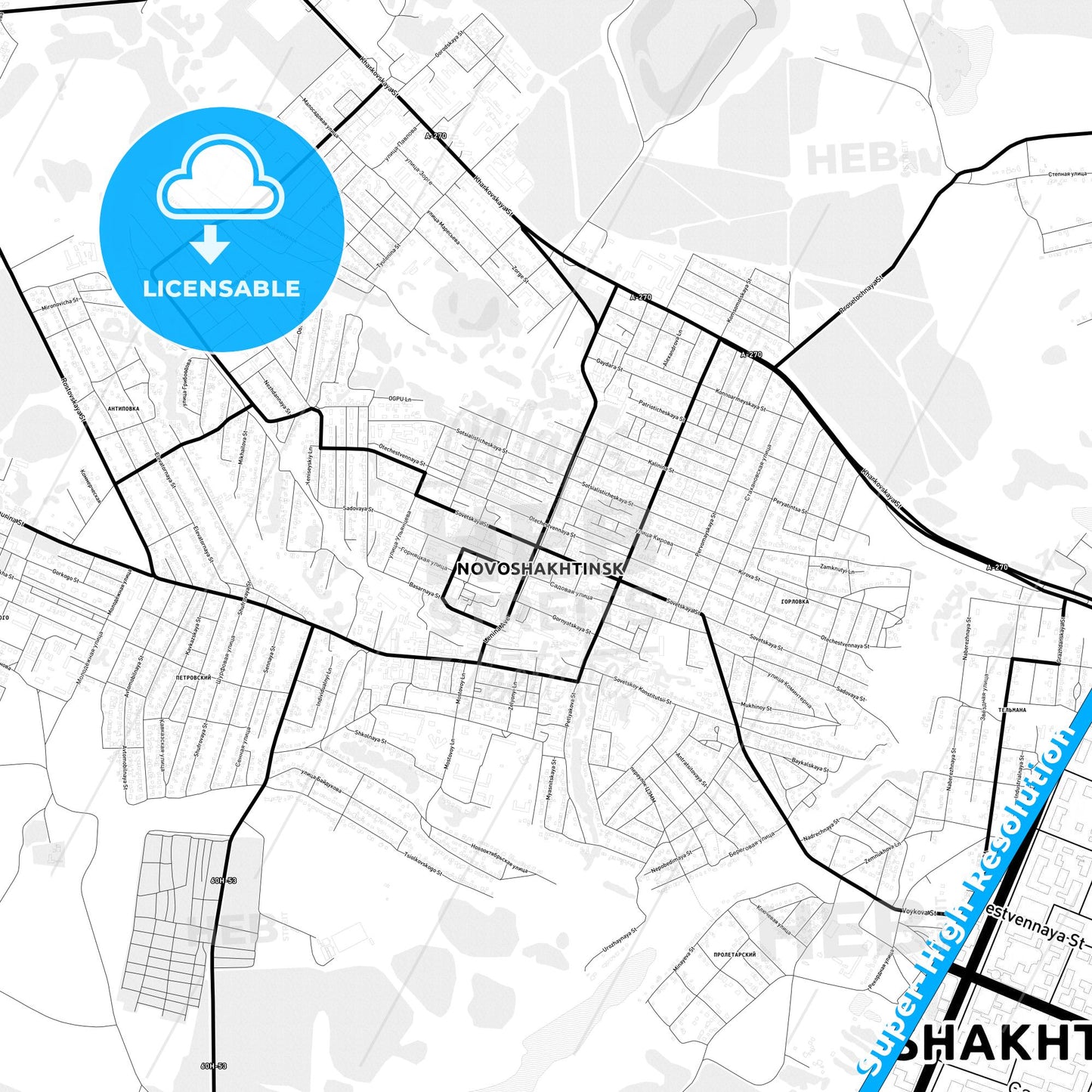 Novoshakhtinsk, Russia Light Map with Street Names, City Names, and Districts