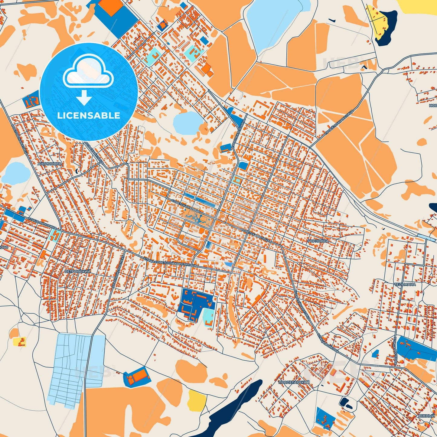 Colorful Novoshakhtinsk Street Map with Labels and Buildings