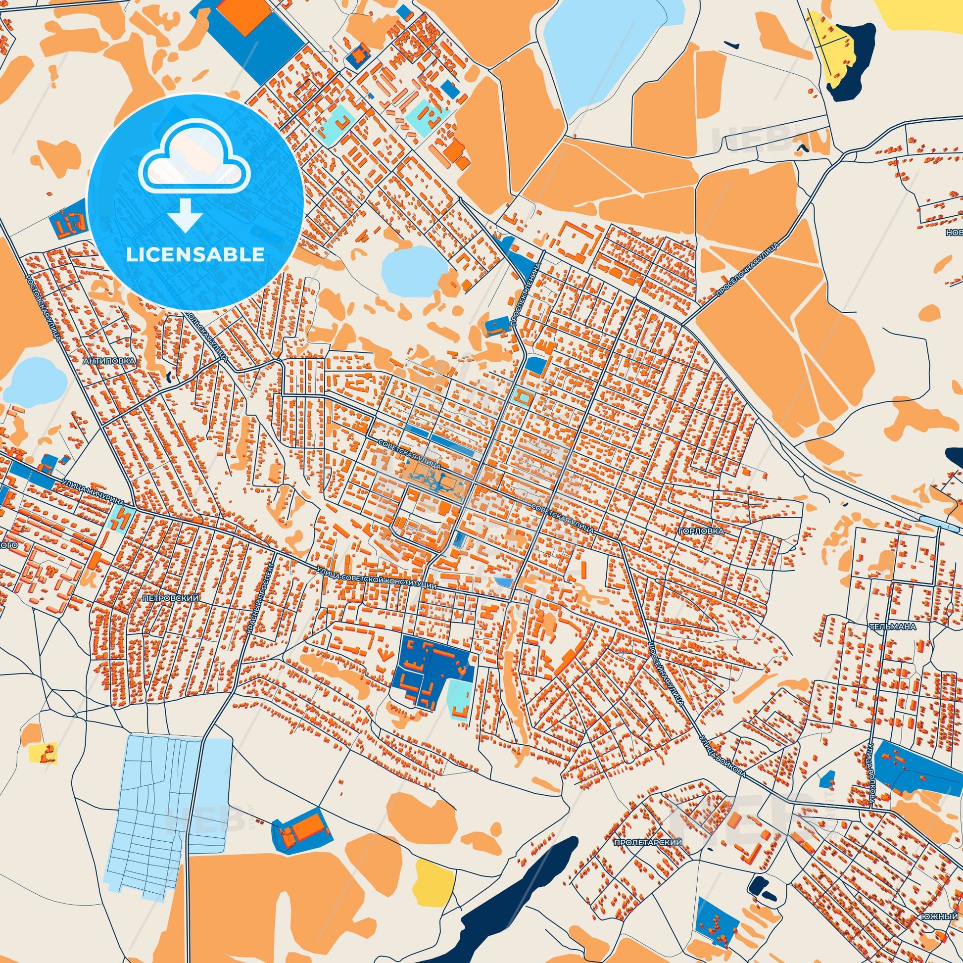 Colorful Novoshakhtinsk Street Map with Labels and Buildings