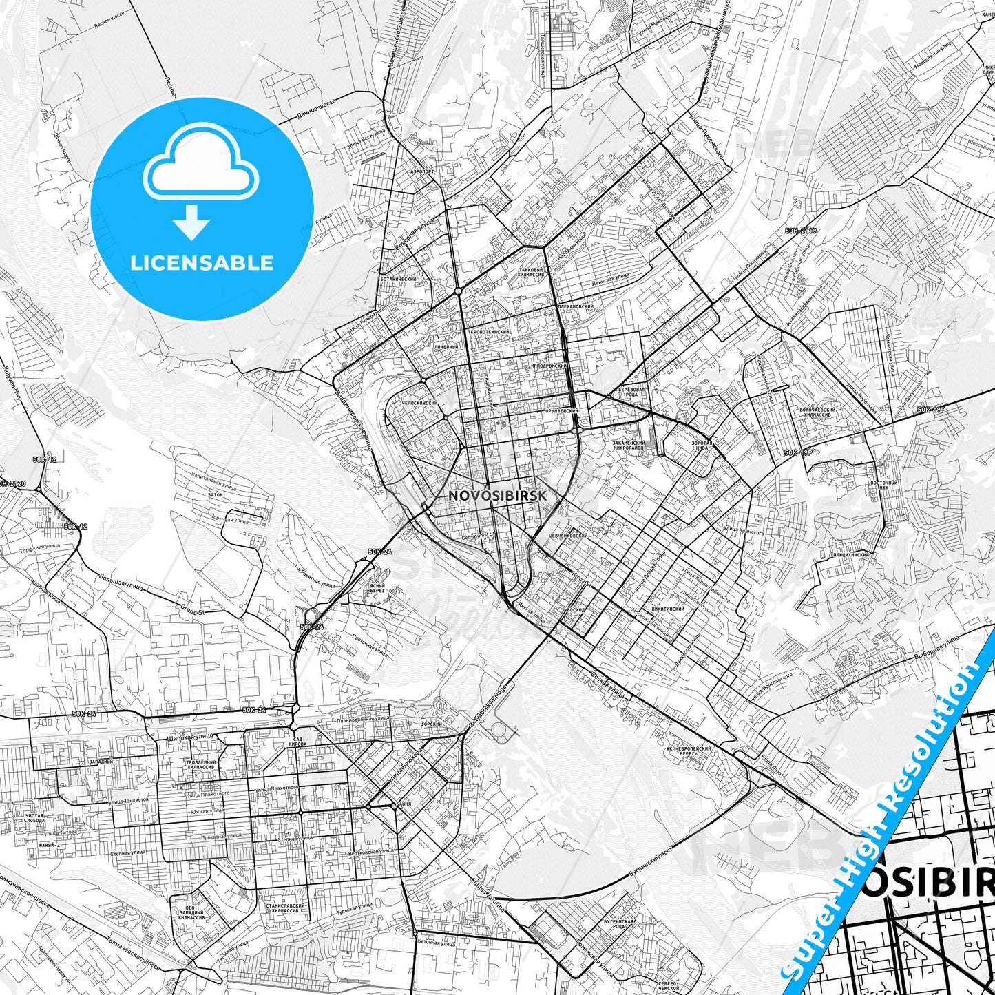 Novosibirsk, Russia light map with streetnames, citynames and districts