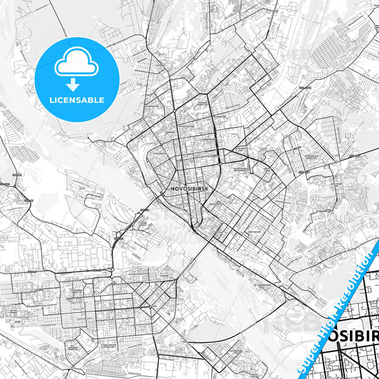 Novosibirsk, Russia light map with streetnames, citynames and districts