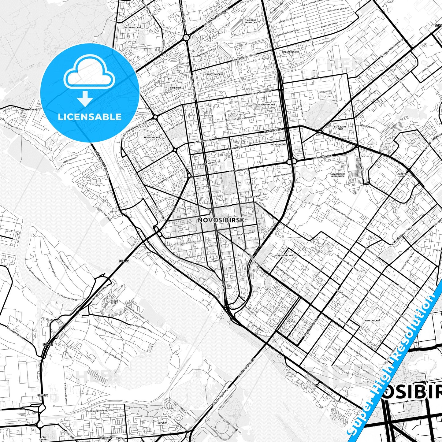 Novosibirsk, Russia Light Map with Street Names, City Names, and Districts