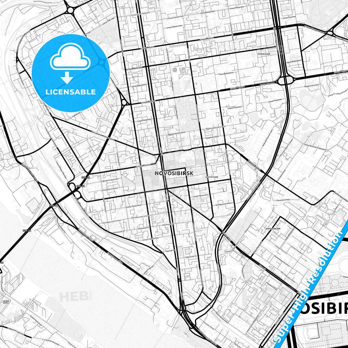Novosibirsk, Russia Light Map with Street Names, City Names, and Districts