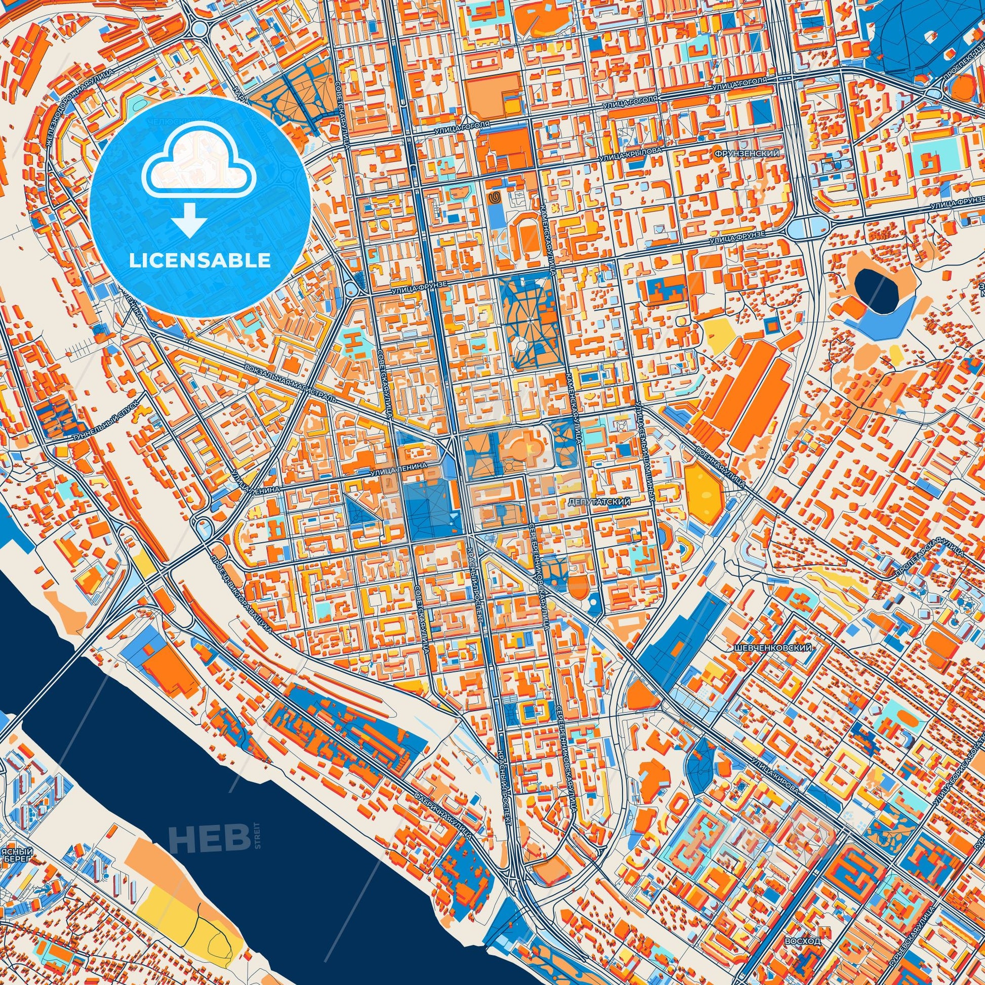 Colorful Novosibirsk Street Map with Labels and Buildings
