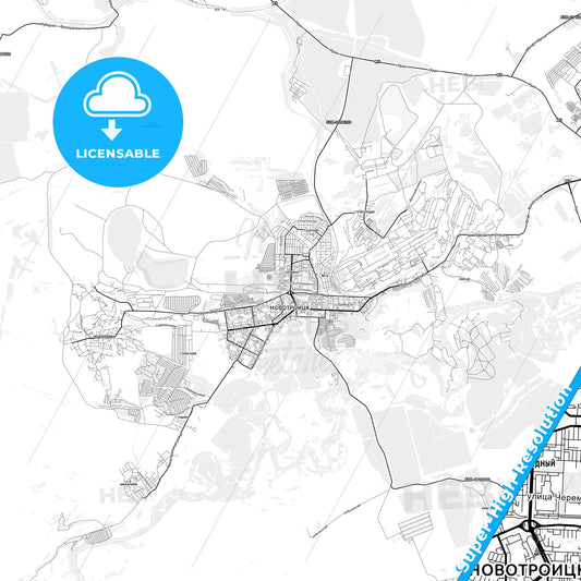 Novotroitsk, Russia light map with streetnames, citynames and districts