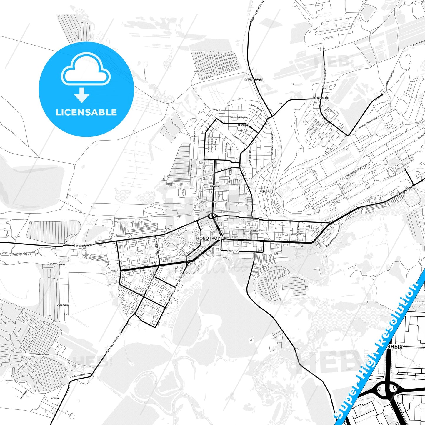 Novotroitsk, Russia Light Map with Street Names, City Names, and Districts