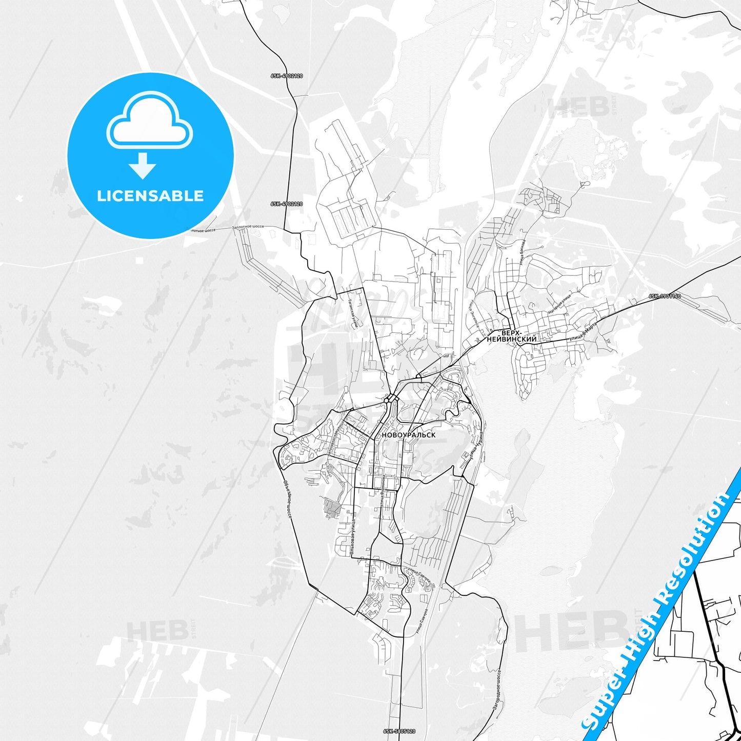 Novouralsk, Russia light map with streetnames, citynames and districts