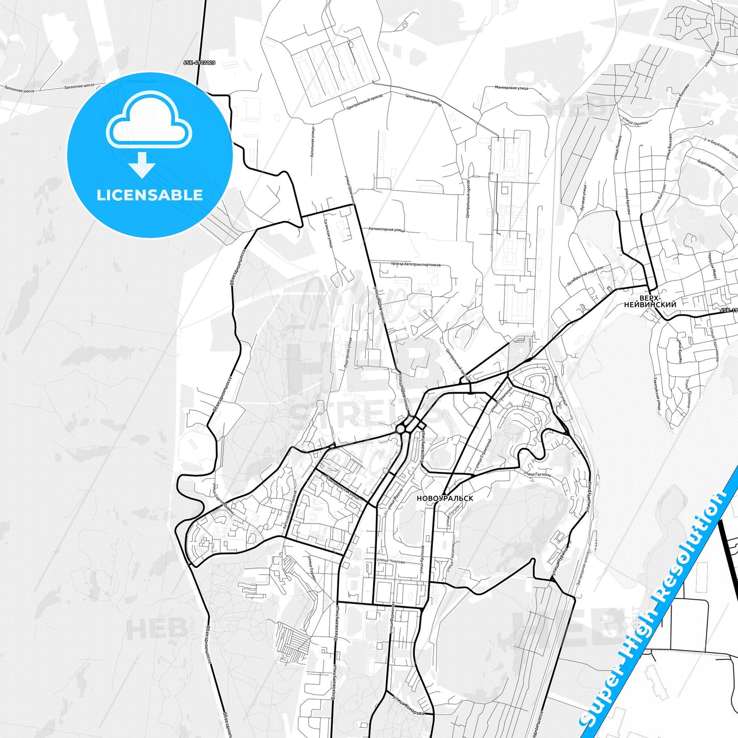 Novouralsk, Russia Light Map with Street Names, City Names, and Districts
