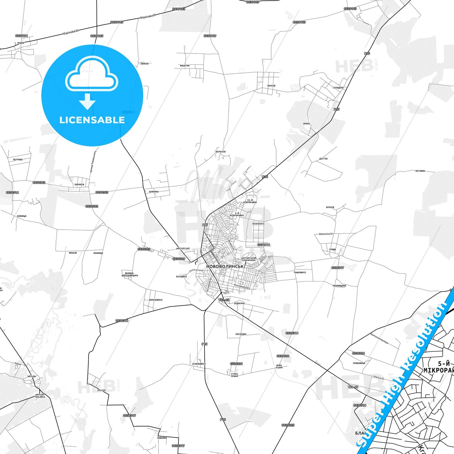 Novovolynsk, Ukraine light map with streetnames, citynames and districts