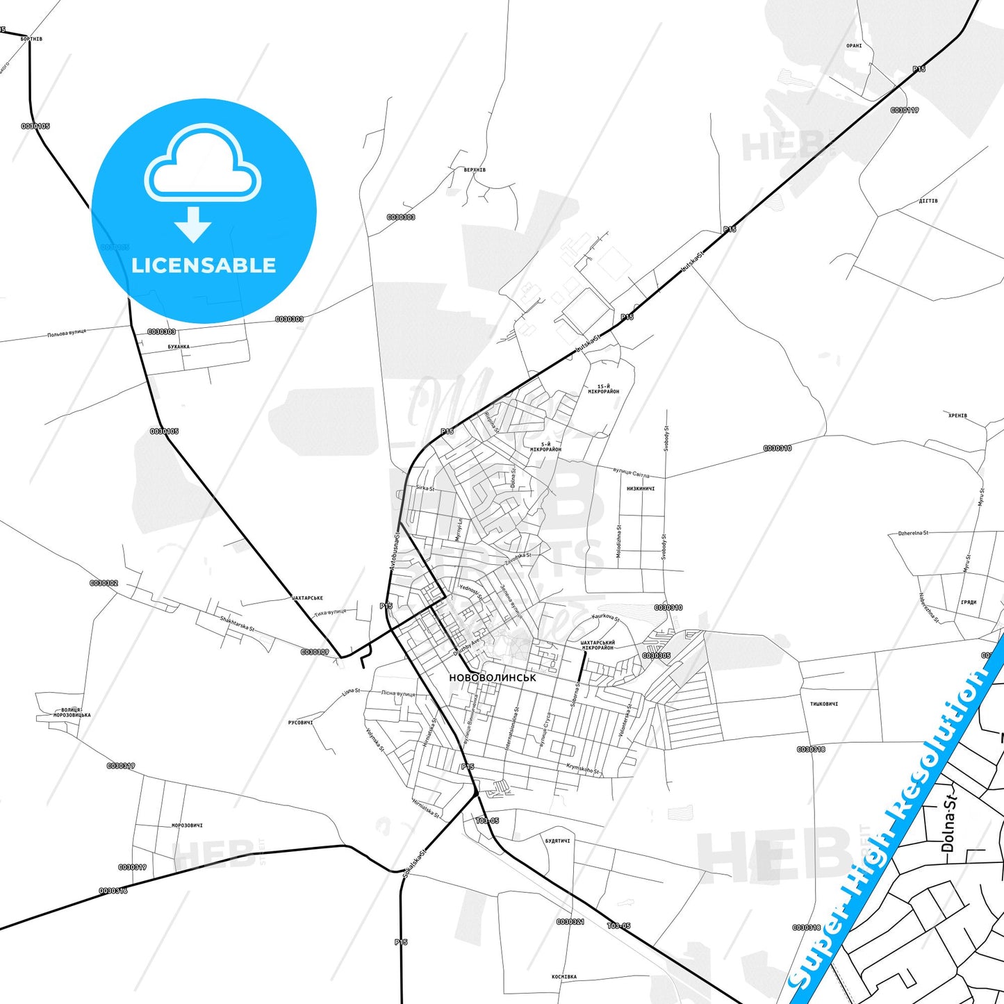 Novovolynsk, Ukraine Light Map with Street Names, City Names, and Districts