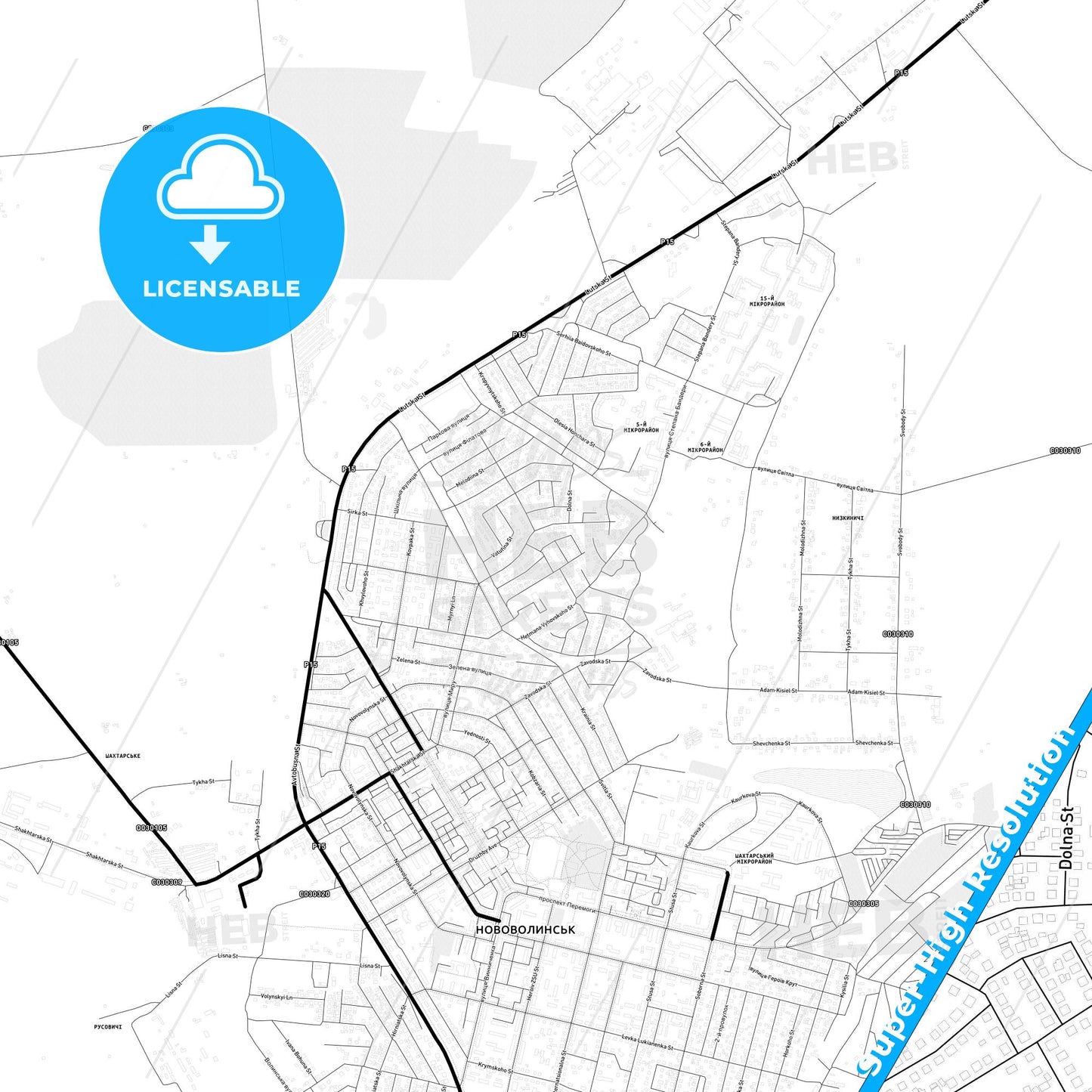Novovolynsk, Ukraine Light Map with Street Names, City Names, and Districts