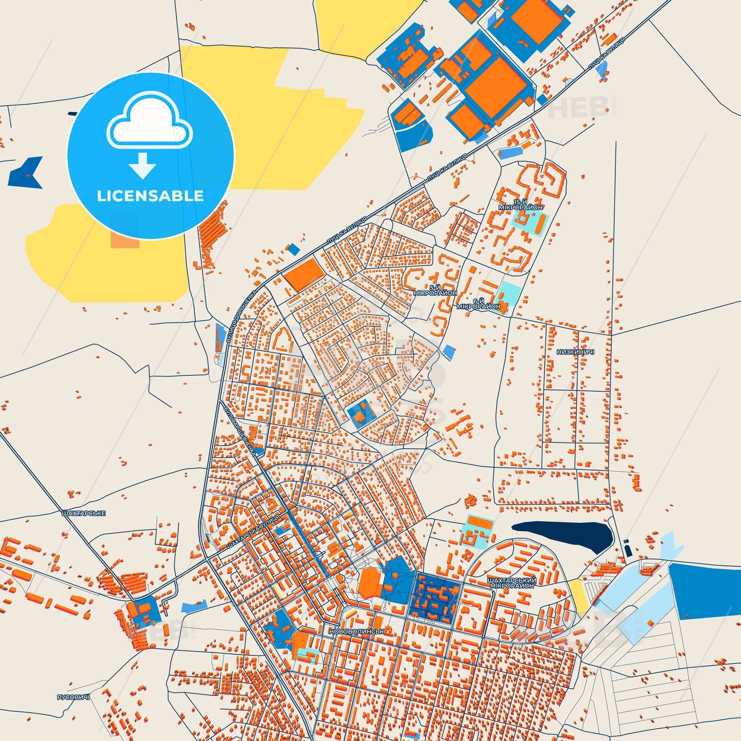 Colorful Novovolynsk Street Map with Labels and Buildings