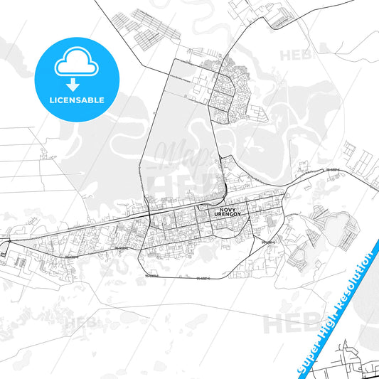 Novy Urengoy, Russia light map with streetnames, citynames and districts