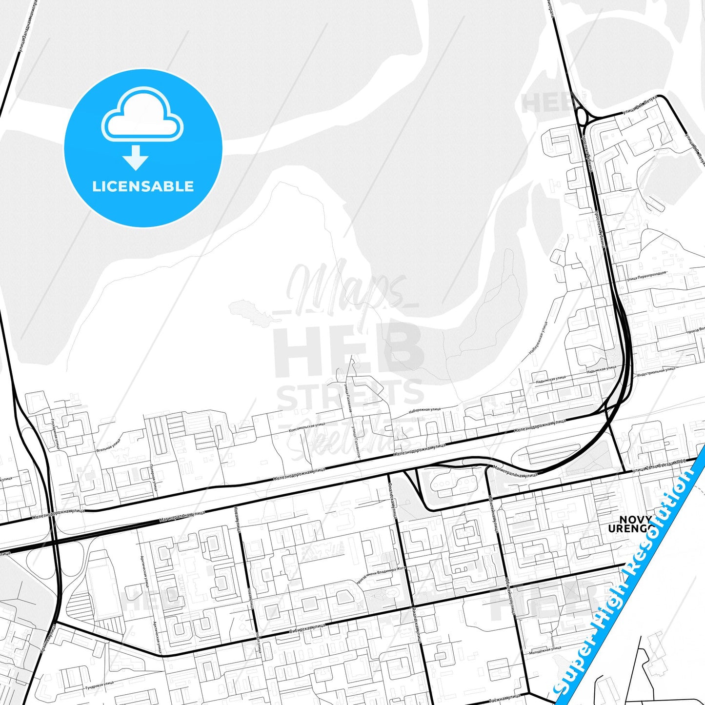 Novy Urengoy, Russia Light Map with Street Names, City Names, and Districts