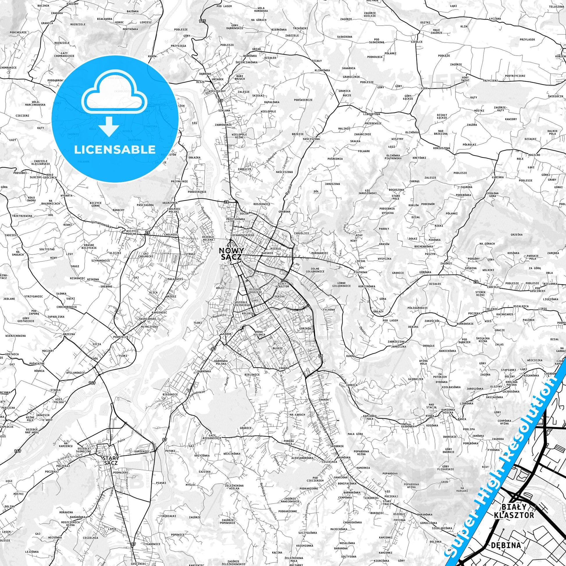 Nowy Sącz, Poland light map with streetnames, citynames and districts