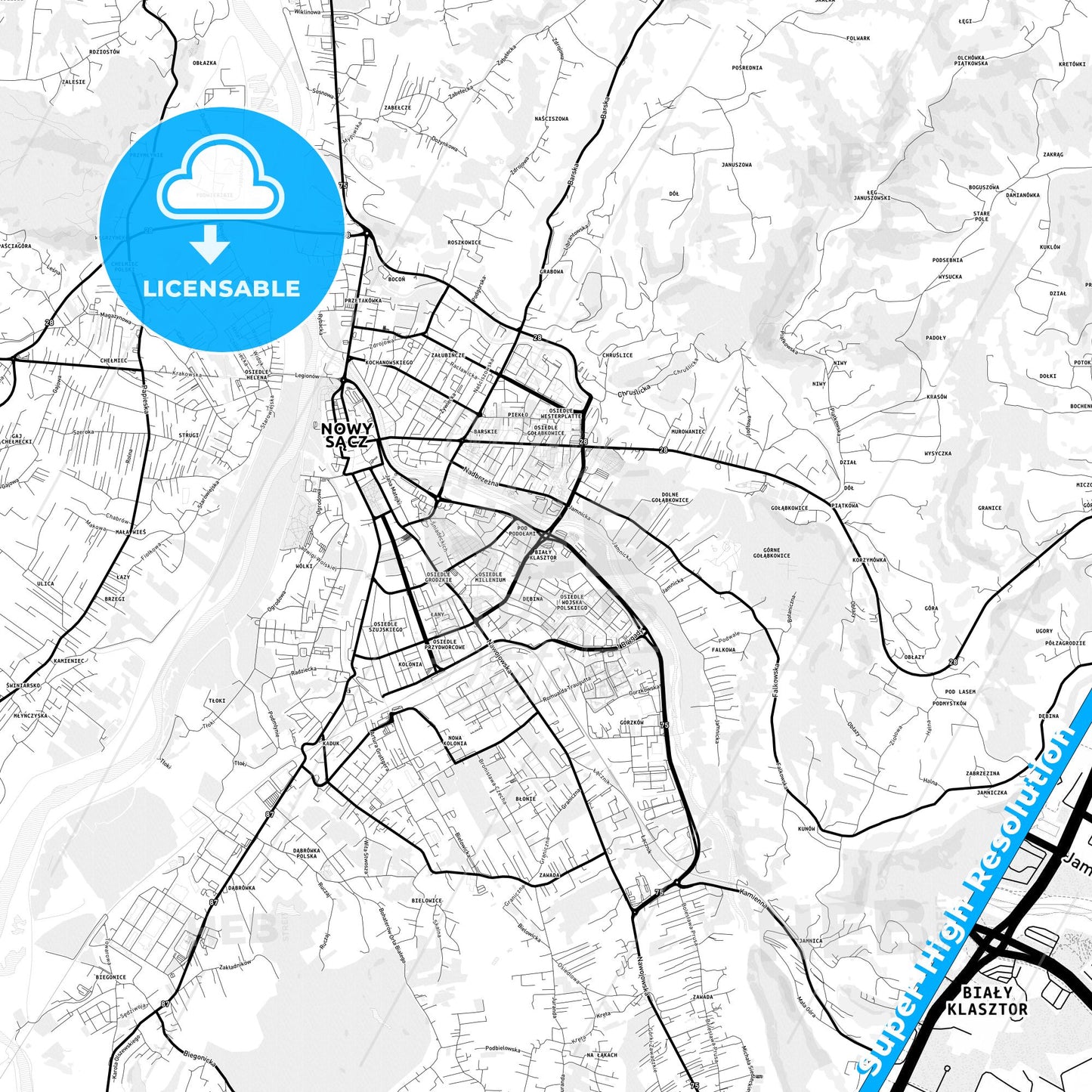 Nowy Sącz, Poland Light Map with Street Names, City Names, and Districts